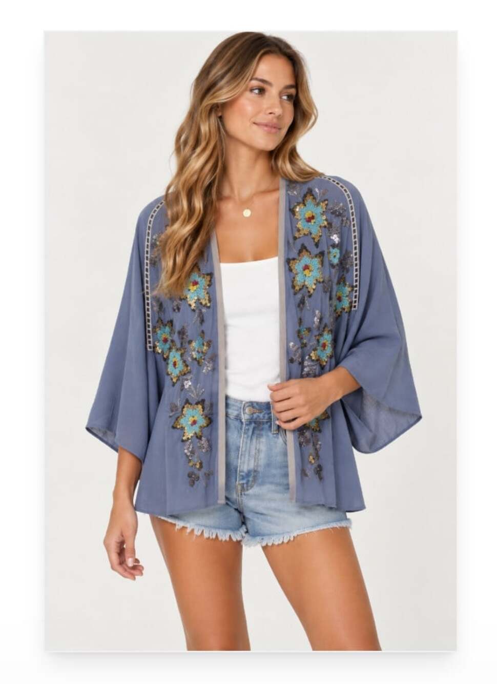 Blank London Kimono Blouse Womens One Size Blue Embroidered Floral Boho